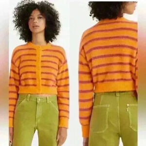 Levi's  Cat Cardigan Sweater Fuzzy Size M Orange Purple Stripes Button-up